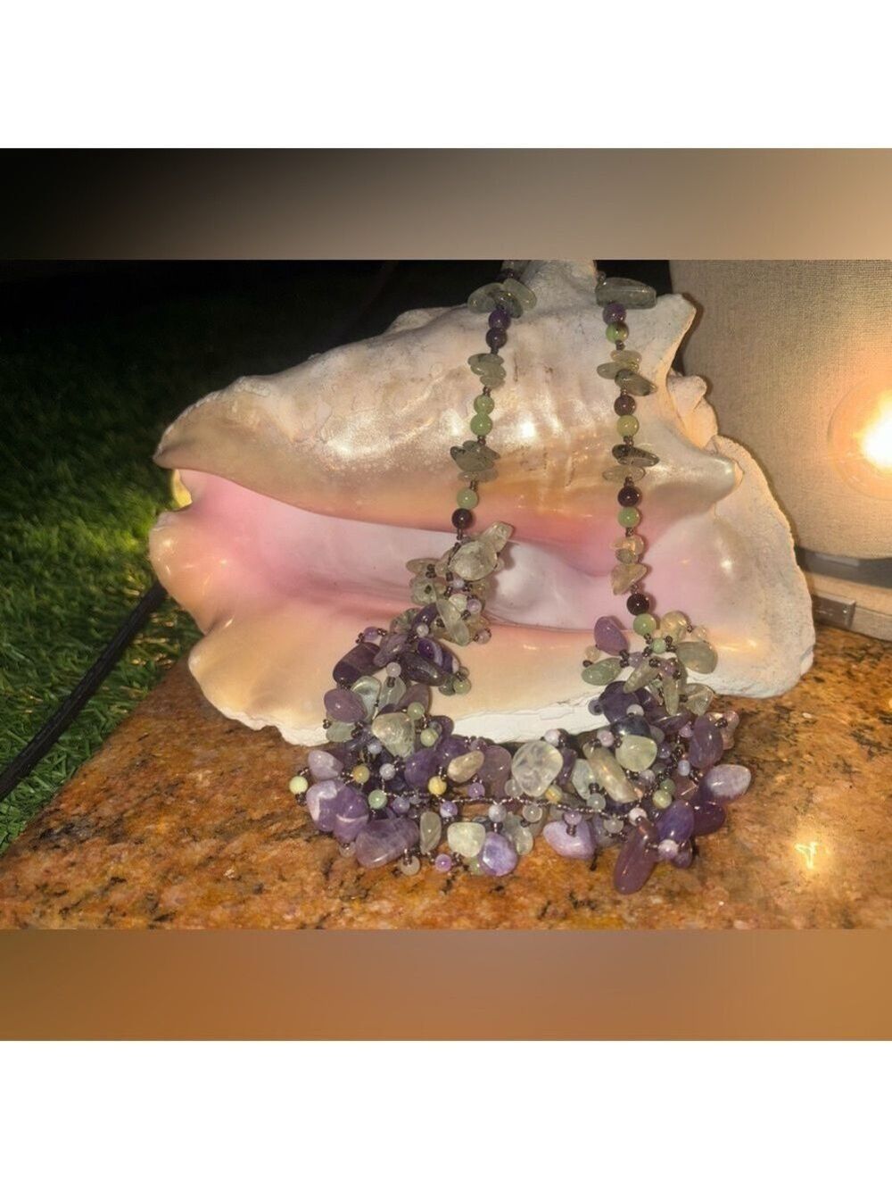 GENUINE Stone Purple Amethyst and Green Prehnite Chunky Necklace 18in Women - Picture 4 of 13
